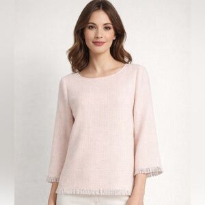 Anne Klein Pink Tweed Fringe Trim Blouse Size L